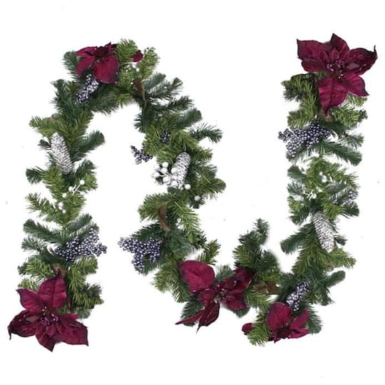 Two-Tone Pine with Purple Poinsettias Berries &#x26; Pine Cones Garland, Unlit